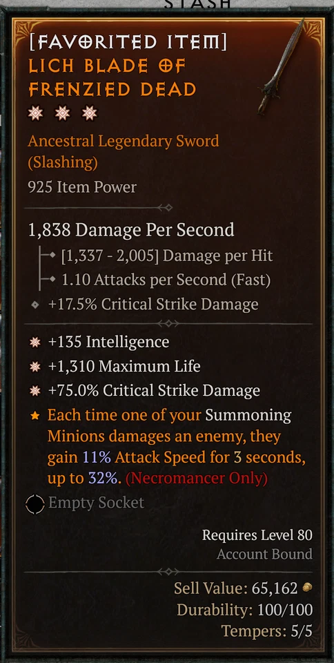 Diablo 4 3 GA Sword BEST Nec weapon!!! 3 Great Affixes Int critical damage life - Image 1 of 1