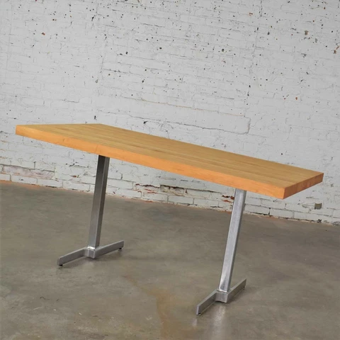 Vintage Modern Maple Butcherblock Top Dining Worktable on Hand Polished Steel Le Cover