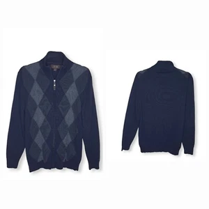 Tasso Elba 100% Cotton sweater Navy Blue Gray Argyle Diamond 1/4 Zip Mens Medium - Picture 1 of 7