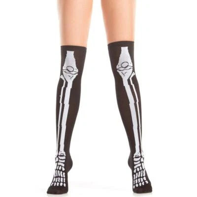 Skeleton Bones Knee Highs Stockings Socks Black White Halloween Costume BW403 - Image 1 of 2