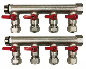 8 Loop Plumbing Manifold w/ 1" trunk & 1/2" pex ball valves, red handle - Picture 1 of 16