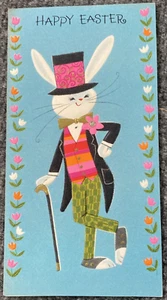 Ostern Grußkarte Hase Zylinder Hut Neon Strass 3D Vergissmeinnicht 1965 - Bild 1 von 9