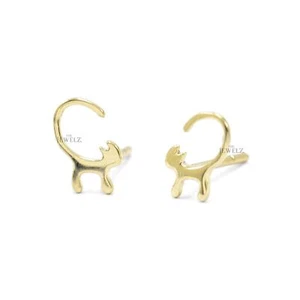 14K Solid Plain Gold Cat Design (Love My Pet) Studs Earrings - The Jewelz - Picture 1 of 4