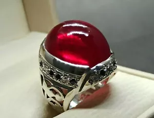 Big Pigeon Deep Red Cabochon Ruby Sterling Silver 925 Handmade Yaqoot Mens Ring - Picture 1 of 12