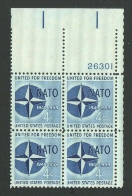Vintage Unused US Postage Block 4 Cent Stamps NATO United for Freedom 1949-1959 - Image 1 of 2