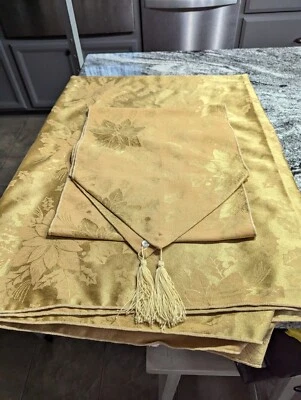 Martha Stewart Everyday Gold Poinsettia Damask Tablecloth & Runner Christmas  - Image 1 of 4