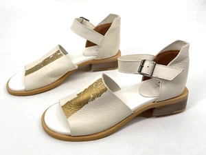Sandalia Mujer Moma 41 Cuero Blanco Dorado Hebilla Hecha a Mano en Italia Tacón Bloque - Imagen 1 de 11