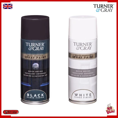 Turner & Gray Multi-Purpose Black & White Gloss Finish Spray Paint Can - 400ml - Image 1 of 3