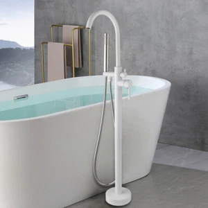 White Floor Mounted Free Standing Tub Mixer Faucet Tub Filler Hand Shower Tap - Picture 1 of 12