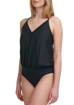 $108 Calvin Klein Swimsuit V-Neckline Blouson Wrap Shelf Bra One Piece Black 10 - Image 1 of 4