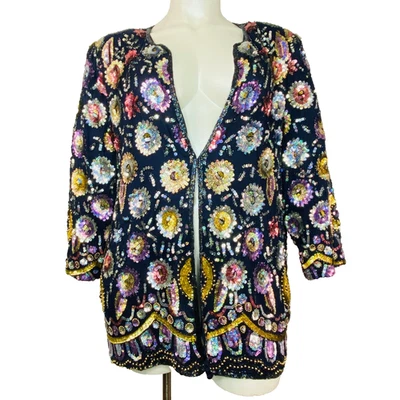 Vintage 1980s silk floral beaded tunic 3X jacket dress top sequin plus size XL - Image 1 of 4