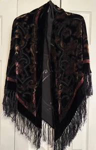 Mantón de terciopelo negro vintage con flecos de diseño patrón triangular en forma de V 68"x37" - Imagen 1 de 18