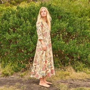 Maxi Vestido Beige Botanicals - Vestido Boho Algodón Floral Ligero - Imagen 1 de 4