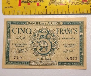 1942 Algerien 5 Francs WWII Ära Schein - Bild 1 von 2