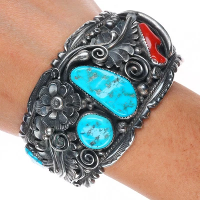 7.25" Large Vintage Navajo sterling silver, turquoise/coral cuff bracelet - Image 1 of 4