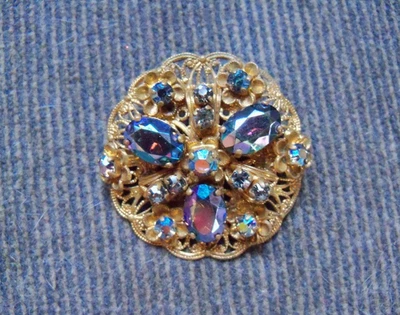 Germany Vintage Jewelry Blue Aurora Borealis Glass Rhinestone Gold Tone Brooch - Image 1 of 4