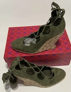 Tory Burch Sandals Heather Wedge Gladiator Lace Up Espadrille Olive Green 9 - Picture 1 of 12