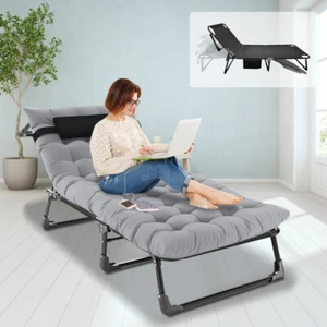 4-Position Adjustable Bed Cot Folding Chaise Lounge Chair Reclining & Mat Pillow - Picture 1 of 22