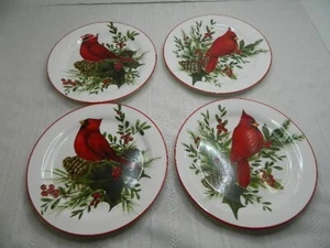4 Cracker Barrel Cardinal Salad Plates by Susan Winget 8.5" Stoneware Red Green - Imagen 1 de 6