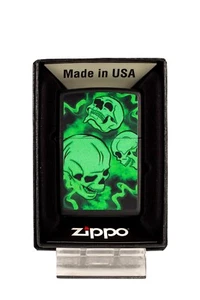 Green Glowing Laughing Skulls - Black Matte Zippo Lighter - Picture 1 of 3
