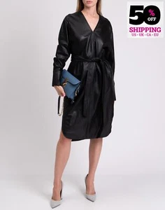 RRP€1708 JOSEPH Nappa Leather Knee Length Dress FR40 US8 UK12 L Belted V-Neck - Picture 1 of 10