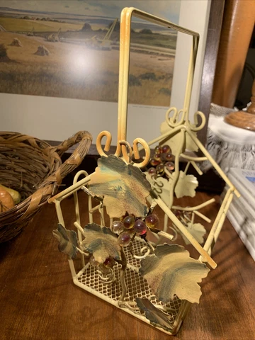 Hand Painted Yellow Wire Basket~Handled~Grapes Motif Cover