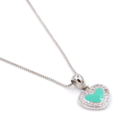 Collana con Ciondolo Cuore in Argento 925 Smaltato Turchese e Zirconia Bianca - Immagine 1 di 4