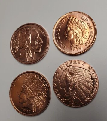 RARO JUEGO DE 4 MONEDAS A PRUEBA DE CABEZA INDIA NÍQUEL BÚFALO 1877 COBRE PURO 0,999 TROY OZ Foto 1 de 4