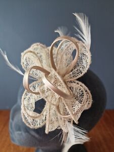 Taupe fascinator headband Races Wedding Head dress Feather Lace Satin