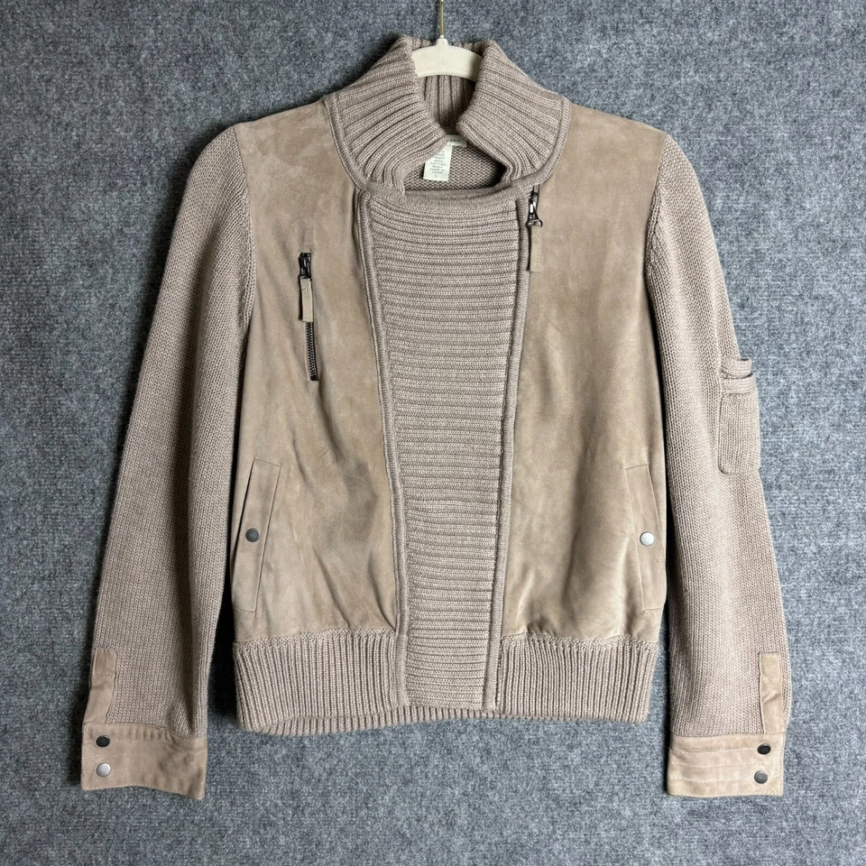 White + Warren Jacket Womens Large Beige Suede Front Knit Asymmetric Zip Pockets - Image 1 of 4