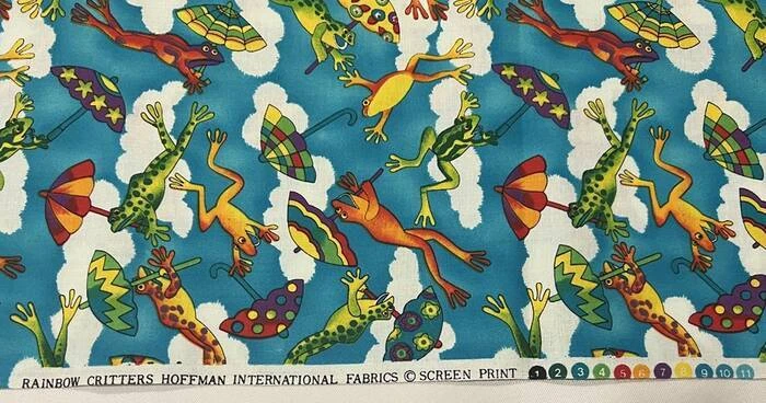 Hoffman Int'l Fabrics RAINBOW CRITTERS Cotton Leaping FROGS 2.5 yards - Image 1 of 3