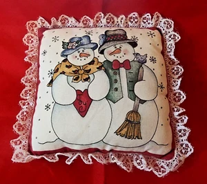 Vintage Weihnachten bedruckt Paar Schneemänner (dunkelblau Rücken) Dekokissen 7" x 7" - Bild 1 von 4