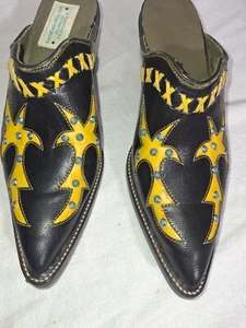 Mujer Vaquero Mules Diablo Marrón Amarillo Incrustación Cuentas Turq Talla 7 Artículo: M6111 - Imagen 1 de 4