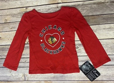 Kids Girls NHL Chicago Blackhawks Logo Heart Long Sleeve Red T-shirt 2T, 3T, 4T