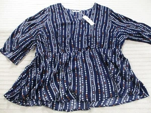 Agnes Orinda Womens Shirt 2X Blue Argyle 3/4 Sleeve Flared V Neck Rayon New - Picture 1 of 11