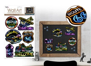 INSEGNE NEON adesivi murali 6 decalcomanie WELCOME ROUTE 66 GARAGE BAR FAVOLOSO anni 50 - Foto 1 di 1