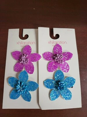 Заколки для волос для девочек блестящие цветочные заколки 4 упаковки фиолетовая и синяя жесткая ткань 2,5 дюйма ea - Изображение 1 из 4