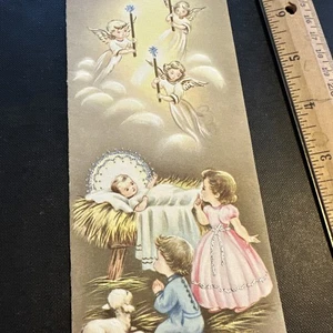 Vintage Weihnachtskarte Engel Himmel Wolken Jesuskind Kinder Glitzer hübsch groß - Bild 1 von 8