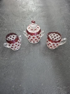 Pattern Glass Ruby Stained Red Block Sugar, Creamer, Spooner Table Set - Picture 1 of 10