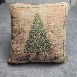 Almohada tapiz árbol de Navidad vintage 15" decoración navideña borde dorado verde - Imagen 1 de 7