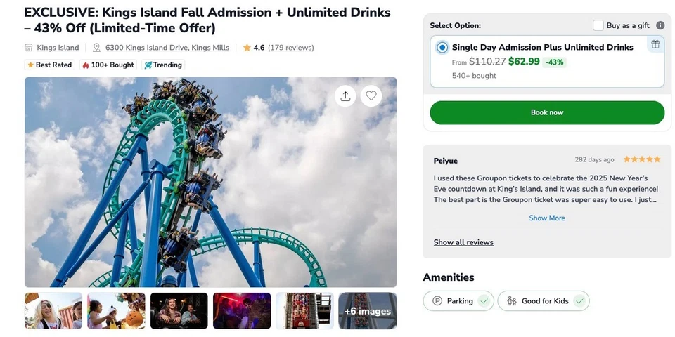 5 entradas con descuento a Kings Island + bebidas ilimitadas (EXCLUYE SÁBADOS) Foto 1 de 1