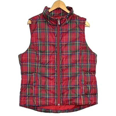 Chaleco acolchado Lands’ End para mujer talla grande relleno de plumón rojo tartán a cuadros cremallera completa Foto 1 de 4