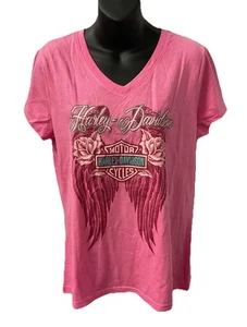 Harley Davidson Women's Floral Wings V-Neck Short Sleeve Shirt Pink 3002550 - Picture 1 of 2
