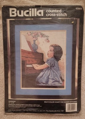 Bucilla HARMONY 11X14 Girl Piano Cross Stitch Pattern - Used Vintage 1994 - Image 1 of 2