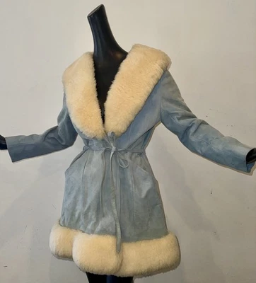 Vtg 70s Sz small Blue Kidskin Fur Trimmed Princess Wrap Coat Sherpa  Scully NICE - Image 1 of 4
