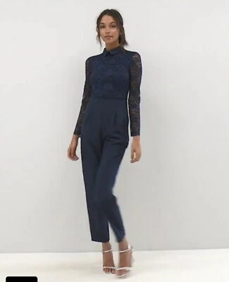 Mono de pierna recta con cuello Peter Pan de encaje azul marino talla 4 de ASOS para mujer Foto 1 de 4