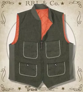 RRL Ralph Lauren Men's Green Wool Hunting Vest Reversible Quilted Orange Nylon - Picture 1 of 6