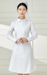 Women Nurse Dress Doctor Beautician Lab Long Coat  Doll Collar Work Clothes - Picture 1 of 10