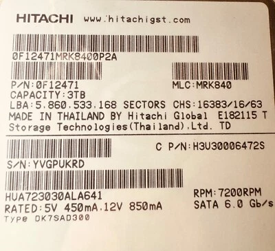 HUA723030ALA641 P/N: 0F12471 MLC: MRK840 Hitachi 3 TB Foto 1 de 4