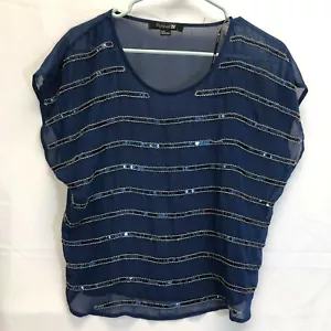 Forever 21 Women's Navy Blue Semi Sheer Sequin Striped Blouse Small EUC - Picture 1 of 4